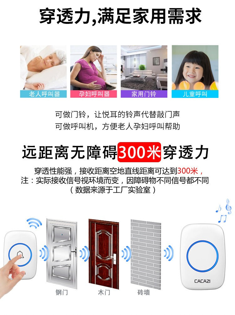 CACAZI A06 Door Bell DC Battery-Operated Wireless Doorbell 300M Remote 36 Ringtone