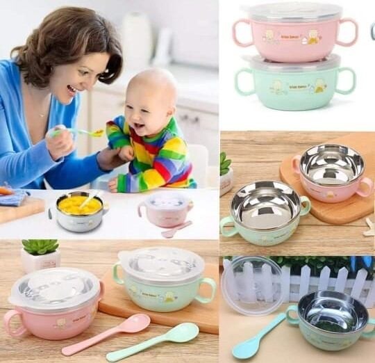 Baby Stainless Steel Feeding Bowl with Lid & Spoon